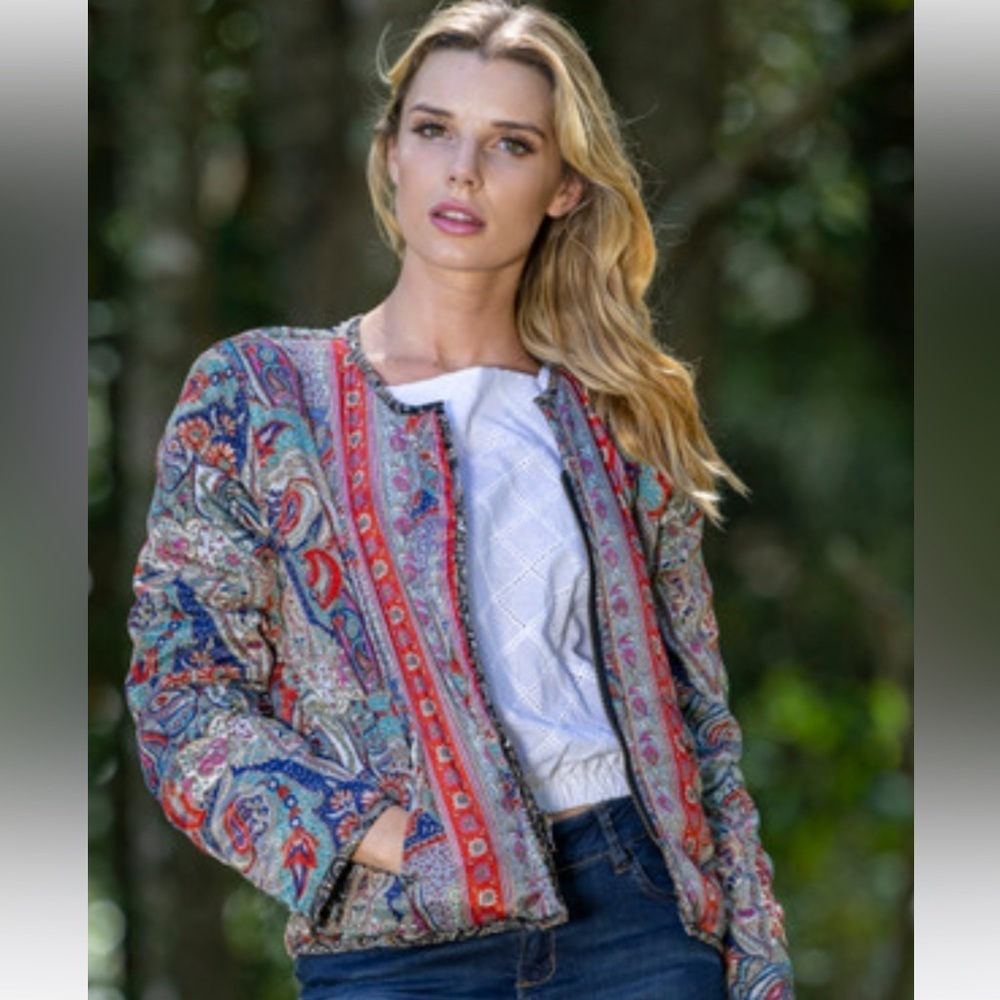 Cienna Red Blue Reversible Bomber Jacket with Paisley Print